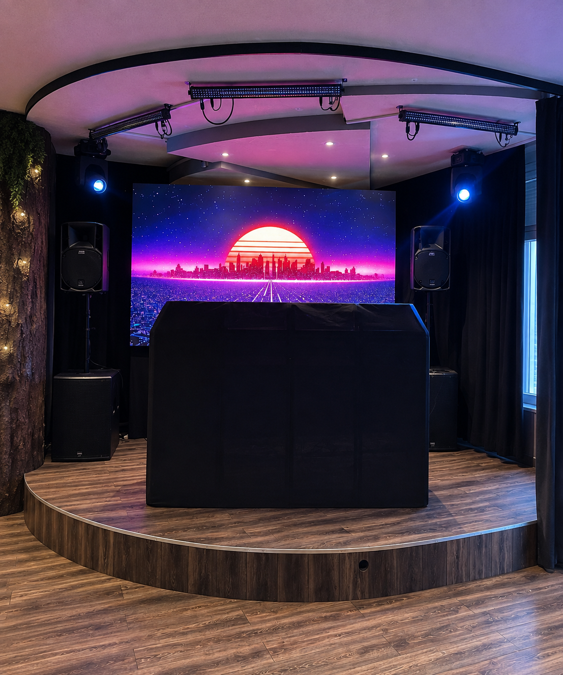 Eigene Bühne mit DJ-Pult, Lichtanlage, Lautsprechern und Screen für Bands, DJs und Seminare