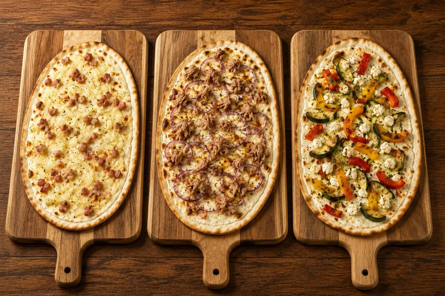 Drei Flammkuchen vom Holzbrett: klassisch mit Speck und Zwiebeln, mit Thunfisch und vegetarisch mit gegrilltem Gemüse